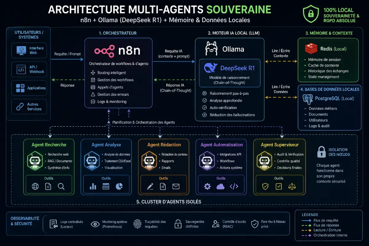 Schéma d'architecture système complet montrant la circulation des requêtes entre l'orchestrateur n8n, l'instance Ollama exécutant le modèle DeepSeek R1, le registre de mémoire Redis et les bases de données PostgreSQL locales, avec isolation des nœuds d'agents.