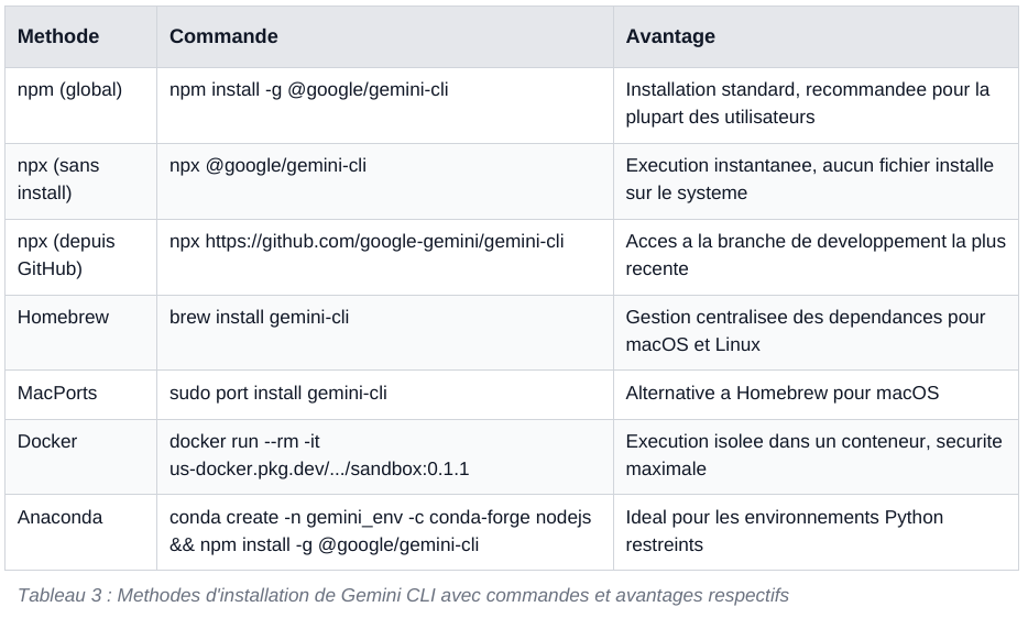  Methodes d'installation de Gemini CLI avec commandes et avantages respectifs
