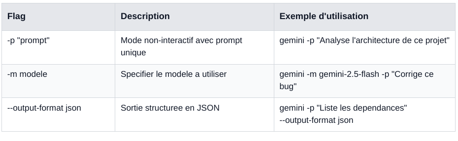 Flags de ligne de commande Gemini CLI avec exemples pratiques