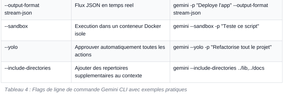 Flags de ligne de commande Gemini CLI avec exemples pratiques